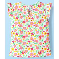 Babyhug Cotton Knit Frill Sleeves T-Shirt with Floral Print - White