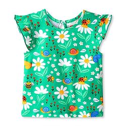 Babyhug Cotton Knit Frill Sleeves T-Shirt with Floral & Bees Print - Green