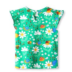 Babyhug Cotton Knit Frill Sleeves T-Shirt with Floral & Bees Print - Green