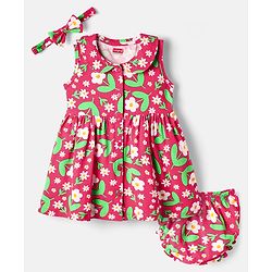 Babyhug Single Jersey Knit Sleeveless Floral Printed Frock With Bloomer & Headband - Red
