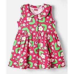 Babyhug Single Jersey Knit Sleeveless Floral Printed Frock With Bloomer & Headband - Red