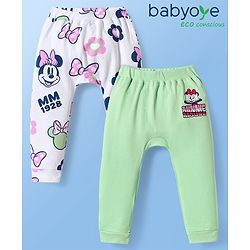 Babyhug Disney Interlock Knit Full Length Diaper Leggings With Minnie Mouse Family Graphics Pack of 2 - Light Green & White