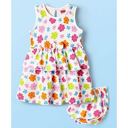 Babyhug Single Jersey Knit Sleeveless Floral Printed Frock With Bow Applique & Bloomer - White