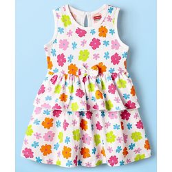 Babyhug Single Jersey Knit Sleeveless Floral Printed Frock With Bow Applique & Bloomer - White