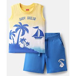 Babyhug Single Jersey Knit Sleeveless Tank T-Shirt and Shorts Set with Beach Theme Print - Blue & Yellow