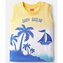 Babyhug Single Jersey Knit Sleeveless Tank T-Shirt and Shorts Set with Beach Theme Print - Blue & Yellow