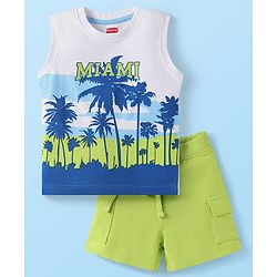 Babyhug Single Jersey Knit Sleeveless Tank T-Shirt & Shorts Set Tropical Theme Print- White Blue & Green