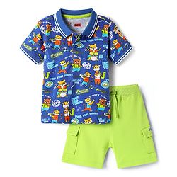 Babyhug Single Jersey Knit Half Sleeves Polo T-Shirt and Shorts Set With Animal Print - Blue & Limegreen