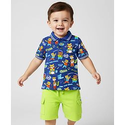 Babyhug Single Jersey Knit Half Sleeves Polo T-Shirt and Shorts Set With Animal Print - Blue & Limegreen