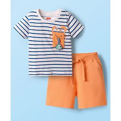 Babyhug Single Jersey Knit Half Sleeves Striped T-Shirt & Shorts Set with Crab Print & Fish Patch - Peach