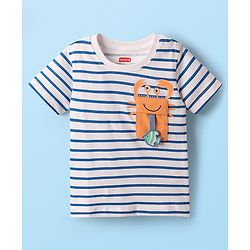 Babyhug Single Jersey Knit Half Sleeves Striped T-Shirt & Shorts Set with Crab Print & Fish Patch - Peach