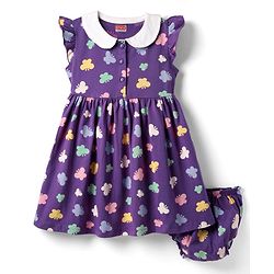 Babyhug Single Jersey Knit Frill Sleeves Peter Pan Collar Frocks & Bloomers With Butterfly Print - Purple