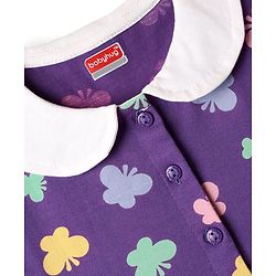 Babyhug Single Jersey Knit Frill Sleeves Peter Pan Collar Frocks & Bloomers With Butterfly Print - Purple