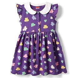 Babyhug Single Jersey Knit Frill Sleeves Peter Pan Collar Frocks & Bloomers With Butterfly Print - Purple