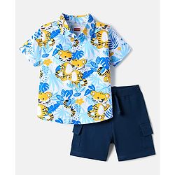 Babyhug Single Jersey Knit Half Sleeves Shirt & Shorts Set with Tiger  Print - Navy Blue & Light Blue