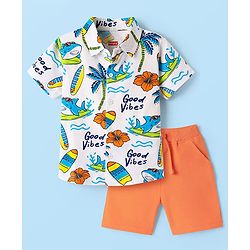 Babyhug 100% Cotton Knit Half Sleeves Shirt With Beach Theme Print & Short Set - White & Orange