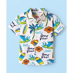 Babyhug 100% Cotton Knit Half Sleeves Shirt With Beach Theme Print & Short Set - White & Orange