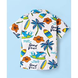 Babyhug 100% Cotton Knit Half Sleeves Shirt With Beach Theme Print & Short Set - White & Orange
