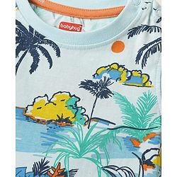 Babyhug Single Jersey Knit Sleeveless Tank T-Shirt & Shorts Co-Ord Set With Dino & Tree Print - Light Blue