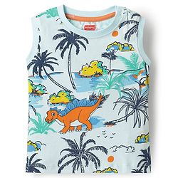Babyhug Single Jersey Knit Sleeveless Tank T-Shirt & Shorts Co-Ord Set With Dino & Tree Print - Light Blue