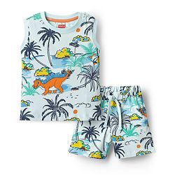 Babyhug Single Jersey Knit Sleeveless Tank T-Shirt & Shorts Co-Ord Set With Dino & Tree Print - Light Blue