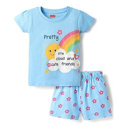 Babyhug Cotton Knit Half Sleeves Floral & Rainbow Printed Shorts Night Suit - Light Blue