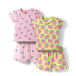 Babyhug Cotton Knit Half Sleeves Co-ords Shorts Night Wear With Fruit Print Pack Of 2 - Purple & Pink