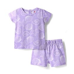 Babyhug Cotton Knit Half Sleeves Co-ords Shorts Night Suit with Sea Life Print - Lavender