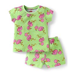Babyhug Cotton  Knit  Half Sleeves Shorts Night Suit with Flamingo Print - Green