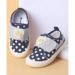 Cute Walk by Babyhug Polka Dots Printed Casual Shoes with Heart Bow Applique & Velcro Closure - Navy Blue