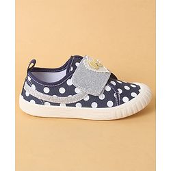 Cute Walk by Babyhug Polka Dots Printed Casual Shoes with Heart Bow Applique & Velcro Closure - Navy Blue