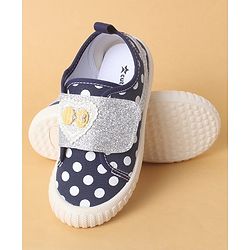 Cute Walk by Babyhug Polka Dots Printed Casual Shoes with Heart Bow Applique & Velcro Closure - Navy Blue