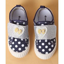 Cute Walk by Babyhug Polka Dots Printed Casual Shoes with Heart Bow Applique & Velcro Closure - Navy Blue