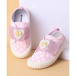 Cute Walk by Babyhug Polka Dots Printed Casual Shoes with Heart Bow Applique & Velcro Closure - Navy Blue