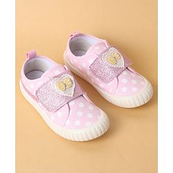 Cute Walk by Babyhug Polka Dots Printed Casual Shoes with Heart Bow Applique & Velcro Closure - Navy Blue