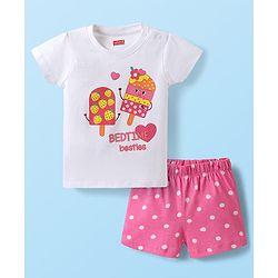 Babyhug Cotton Knit Half Sleeves Shorts Night Suit with Popsicle Print - White & Pink
