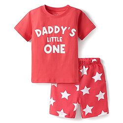 Babyhug Cotton Knit Half Sleeves Shorts Night Suit with Text & Stars Print - Red
