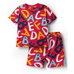 Babyhug 100% Cotton Knit Half Sleeves Co-ords Shorts Night Suit with Alphabet Print - Red