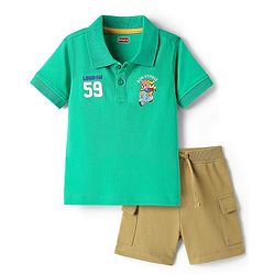 Babyhug 100% Cotton Knit Half Sleeves Animal Print Polo T-Shirt & Short Set - Green & Brown