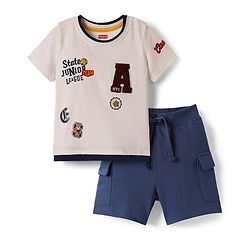 Babyhug Cotton Knit Half Sleeves T-Shirt & Shorts Set with Sports Theme Print & Patch Detailing - White & Blue