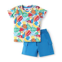 Babyhug Single Jersey Knit Half Sleeves T-Shirt & Shorts Set Toucan Print- White & Blue