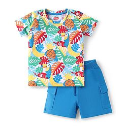 Babyhug Single Jersey Knit Half Sleeves T-Shirt & Shorts Set Toucan Print- White & Blue