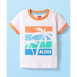 Babyhug Single Jersey Knit Half Sleeves T-Shirt & Shorts Set With Beach Theme Print - White & Orange