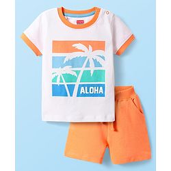 Babyhug Single Jersey Knit Half Sleeves T-Shirt & Shorts Set With Beach Theme Print - White & Orange