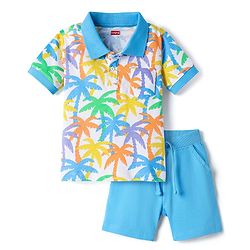 Babyhug 100% Cotton Knit Half Sleeves Tropical Theme Printed Polo T-Shirt & Short Set - Blue