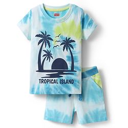 Babyhug Single Jersey Knit Half Sleeves Tie & Dye T-Shirt & Shorts Set with Tropical Theme Print - Light Blue
