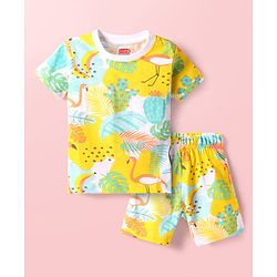 Babyhug Cotton Knit Half Sleeves Shorts Night Suit With Tropical Print - Multicolor