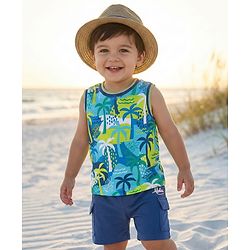 Babyhug Single Jersey Knit Sleeveless Tank T-Shirt & Shorts Set with Tropical Theme Print - Navy Blue