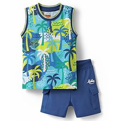 Babyhug Single Jersey Knit Sleeveless Tank T-Shirt & Shorts Set with Tropical Theme Print - Navy Blue