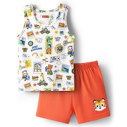 Babyhug 100% Cotton Single Jersey Knit Sleeveless Sando & Shorts Set With Vehicle & Animal Print - White & Orange